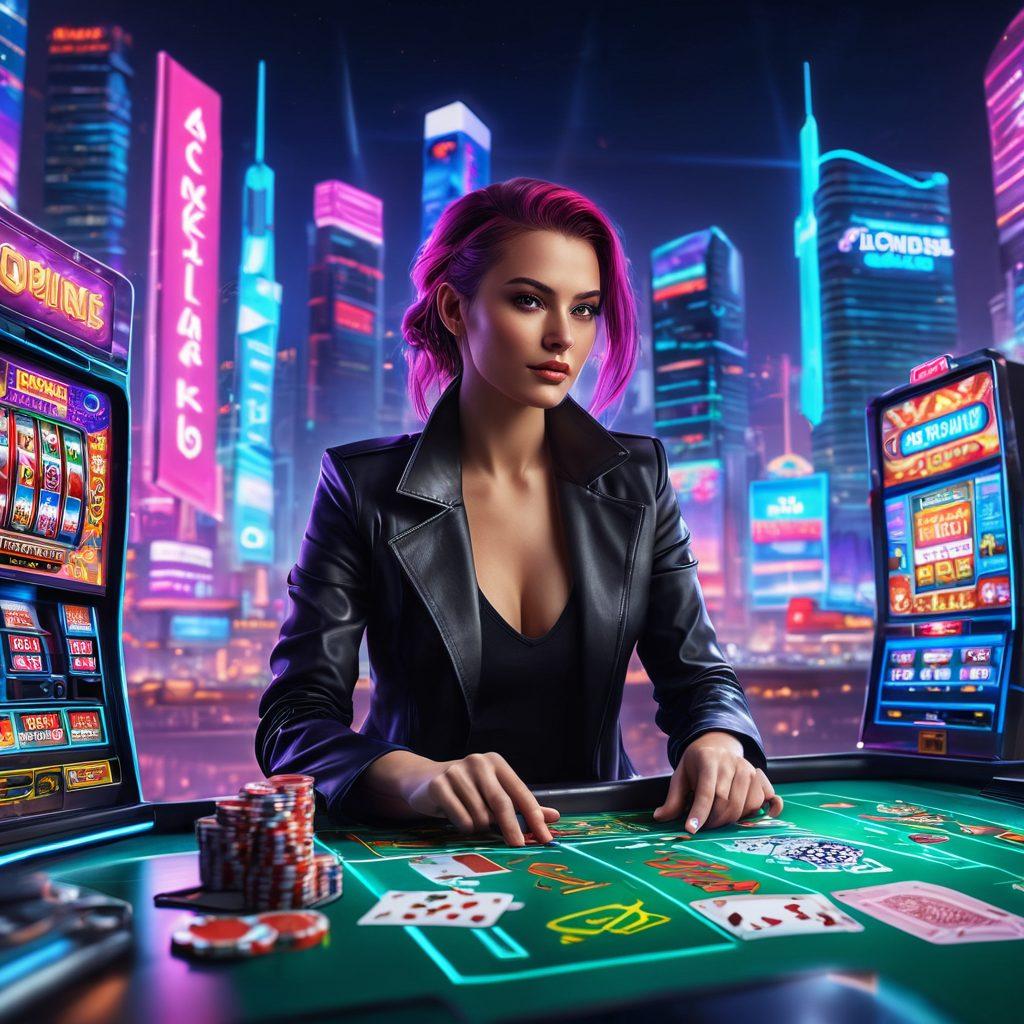 A thrilling scene of an online casino with colorful slot machines, vibrant playing cards flying in the air, and excited players at virtual tables. The backdrop features a digital city skyline with neon lights reflecting high stakes and adventure. Incorporate elements like chips and money hovering around, adding to the excitement of the moment. Use a dynamic perspective to convey energy and luxury. vibrant colors. cyberpunk.
