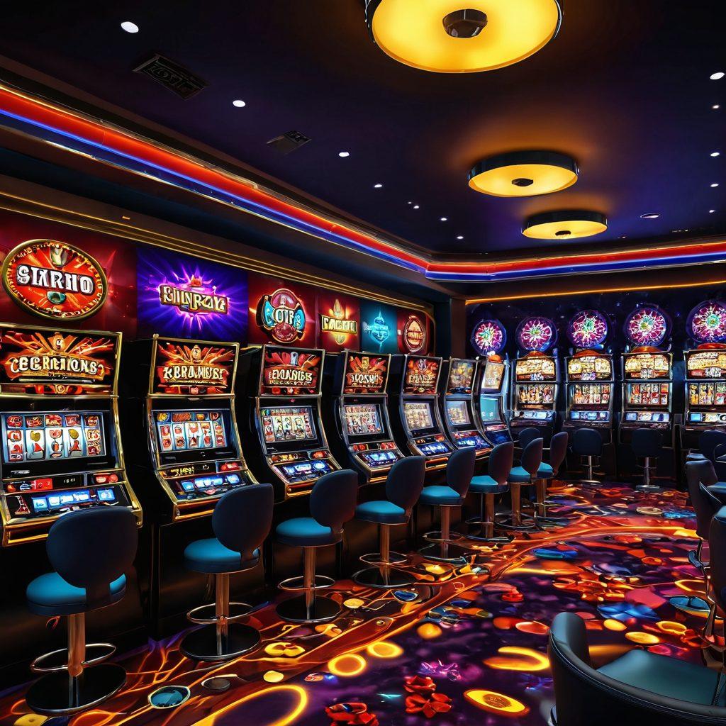 A vibrant and colorful virtual casino scene, filled with exciting gaming machines and lively characters celebrating wins. Incorporate dazzling lights, cascading coins, and a backdrop of digital landscapes that evoke a sense of thrill and joy. Showcase diverse players experiencing excitement, with expressions of wonder and happiness. Include elements of a fantasy world merging with high-tech features, creating a whimsical yet captivating atmosphere. super-realistic. vibrant colors. 3D.