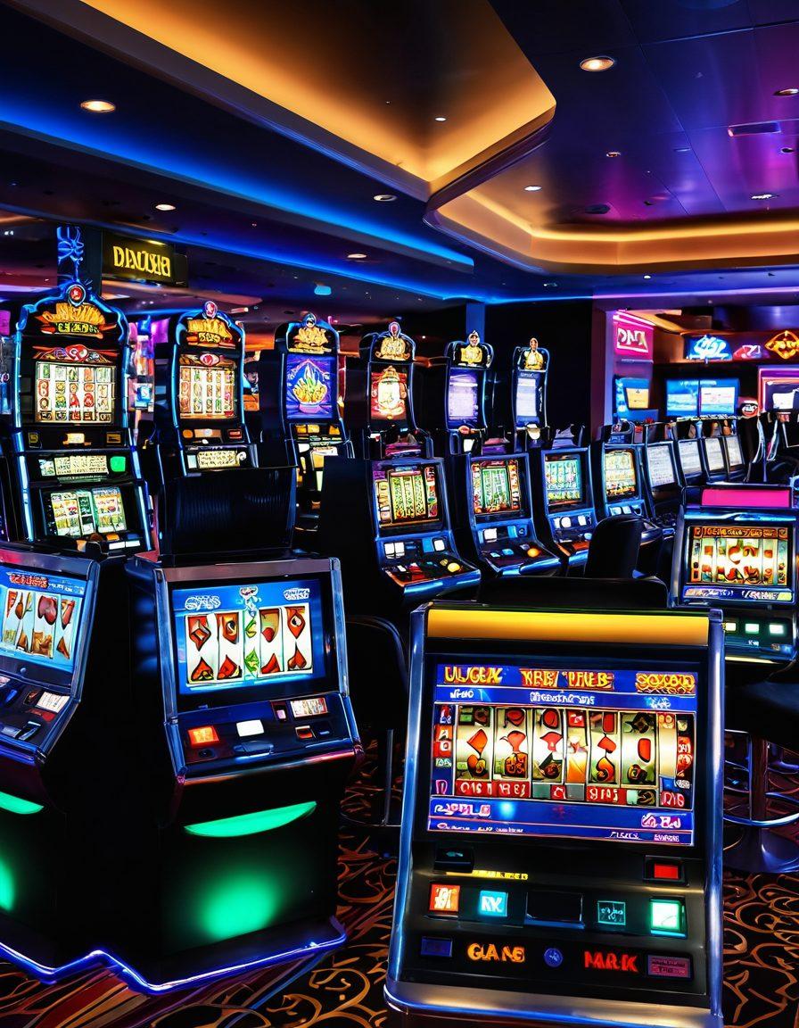 A vibrant casino scene showcasing a variety of gaming options including colorful slot machines, sophisticated table games like poker and blackjack, and a lively corner with live dealers engaging with players. The atmosphere is electric, filled with excitement and neon lights, capturing the thrill of gambling. Include elements of luck like four-leaf clovers and dice subtly integrated into the design. super-realistic. vibrant colors. dynamic composition.